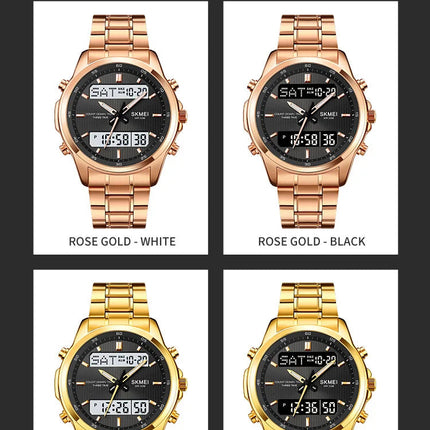 Skmei orologio da polso analogico al quarzo da uomo cinturino in acciaio inossidabile di lusso Led impermeabile digitale sportivo sveglia a tre fusi orari platinumshop