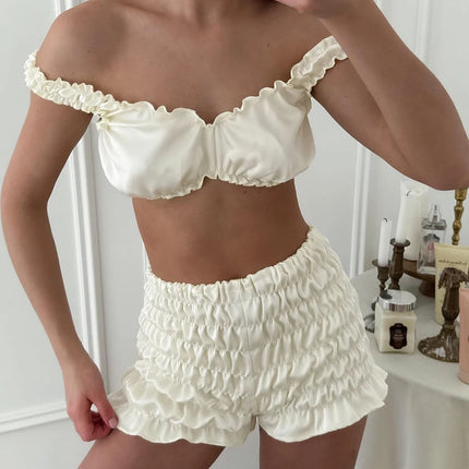 Pigiama da donna HiLoc in raso sexy, completo due pezzi con top corto e pantaloncini a vita elasticizzata con arricciatura, tinta unita, per casa.