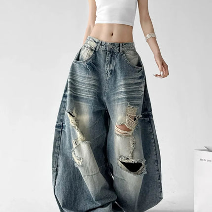 Jeans Larghi da Donna Stile High Street, Denim Distressed, Moda Primavera 2026, Nuovi Arrivi, Pantaloni Lunghi
