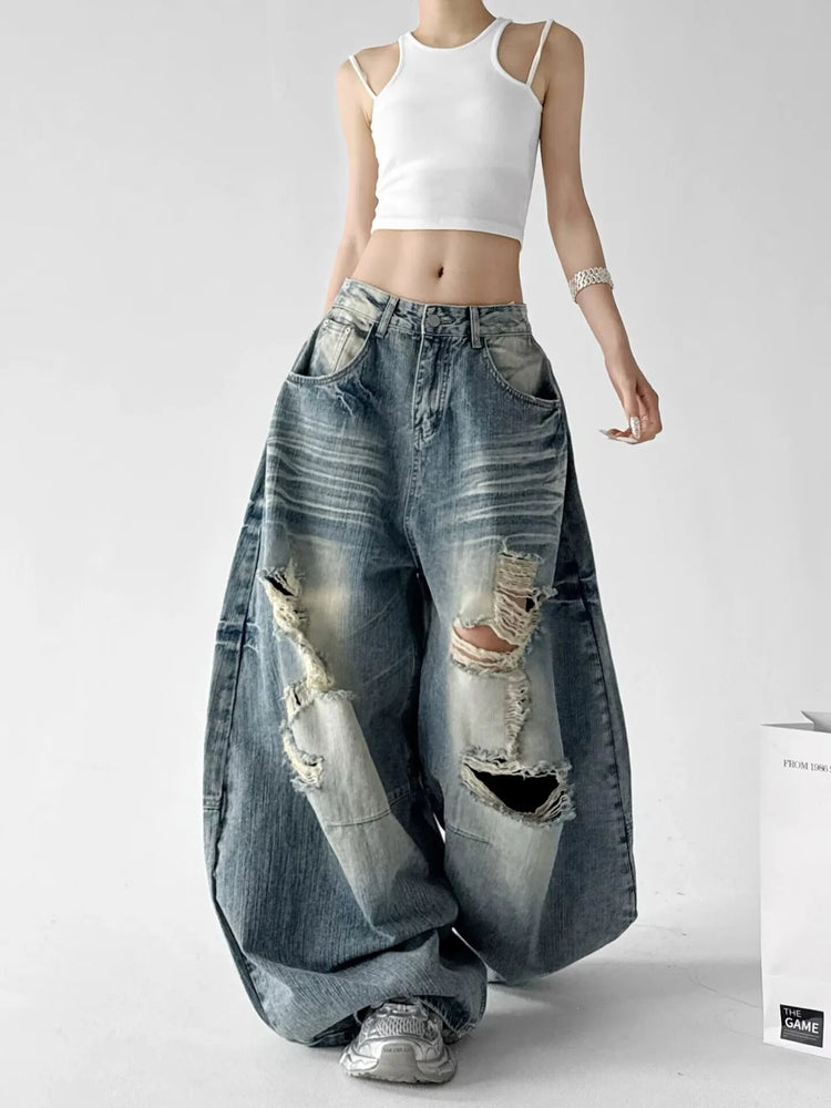 Jeans Larghi da Donna Stile High Street, Denim Distressed, Moda Primavera 2026, Nuovi Arrivi, Pantaloni Lunghi