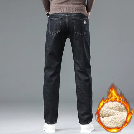 Winter Thermal Fleece Stretch Jeans Mens Business Casual Brand Fleece Pants Men Straight Flocking Thick Trousers Blue Black
