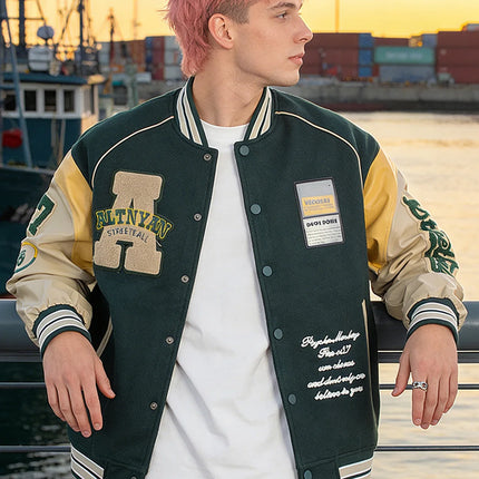 Men's Casual Varsity Jacket Motorcycle Bomber Coat Vintage Letterman Baseball Streetwear Outerwear with Faux Leather Sleeves