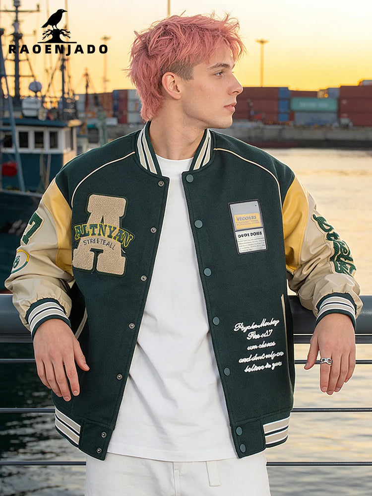 Men's Casual Varsity Jacket Motorcycle Bomber Coat Vintage Letterman Baseball Streetwear Outerwear with Faux Leather Sleeves