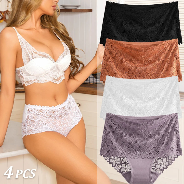 4PCS/SET Women's Sexy Lace Panty Hollow Out High Waist Women's Briefs Breathable Comfortable Underwear Plus Size Women Lingerie