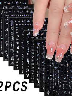 12Pcs 3D Laser Silver Star Ribbon Nail Stickers Y2K Stars Moon Sun Self-Adhesive Slider Exquisite Flower Leaf DIY Manicure Decal