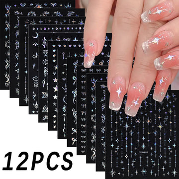12Pcs 3D Laser Silver Star Ribbon Nail Stickers Y2K Stars Moon Sun Self-Adhesive Slider Exquisite Flower Leaf DIY Manicure Decal