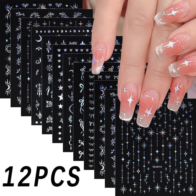 12Pcs 3D Laser Silver Star Ribbon Nail Stickers Y2K Stars Moon Sun Self-Adhesive Slider Exquisite Flower Leaf DIY Manicure Decal