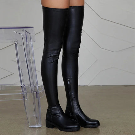 2025 Winter Over the Knee Women Boots European Platform Zipper Ladies Shoes Comfort Square High Heels Elastic Leather Long Boots PlatiNum