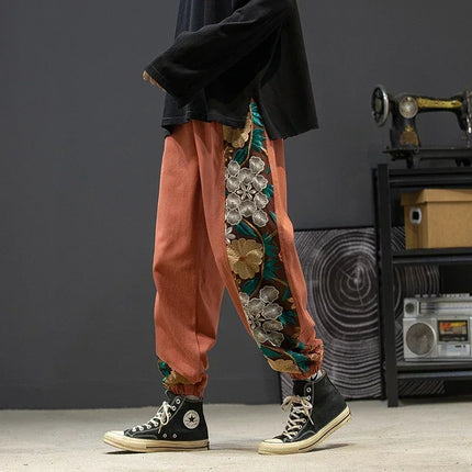 Pantaloni casual alla moda Abbigliamento da uomo Cotone Samurai giapponese Ricamo Patchwork Pantaloni Harem Pantaloni Harajuku oversize da uomo