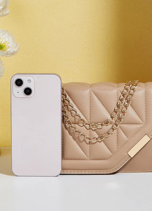 Trendy Embroidered Square Bag  - Diamond Pattern Shoulder Purse with Chain Strap & Magnetic Closure PlatiNum