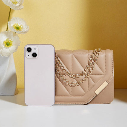 Trendy Embroidered Square Bag  - Diamond Pattern Shoulder Purse with Chain Strap & Magnetic Closure PlatiNum