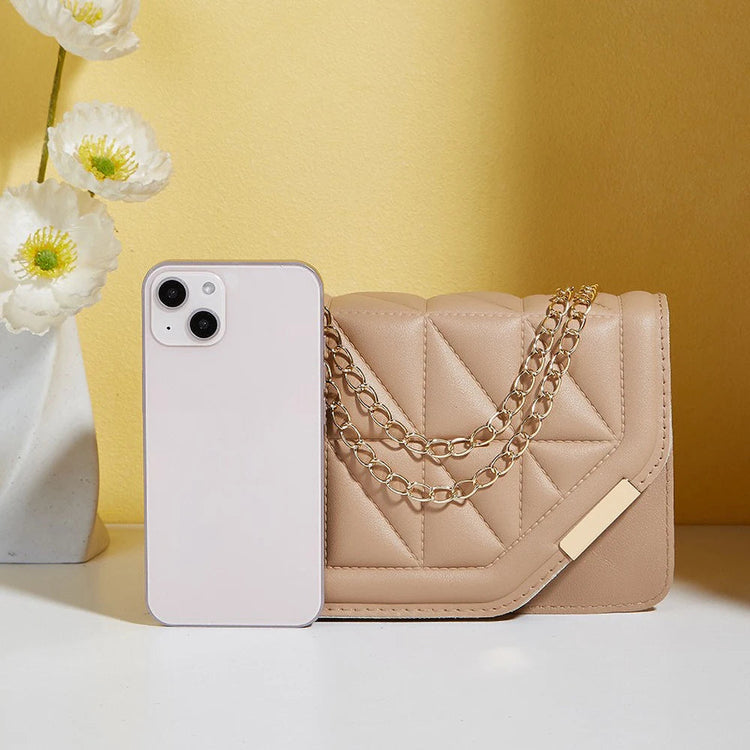 Trendy Embroidered Square Bag  - Diamond Pattern Shoulder Purse with Chain Strap & Magnetic Closure PlatiNum