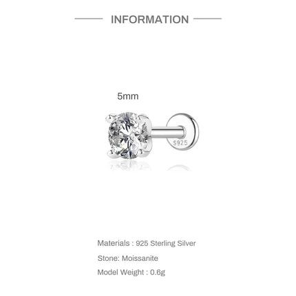 AIDE 1PC Sparkling Moissanite Piercing Stud Earrings 925 Sterling Silver Shining Circle Earring For Women Ear Bone Earring Jewel PlatiNum