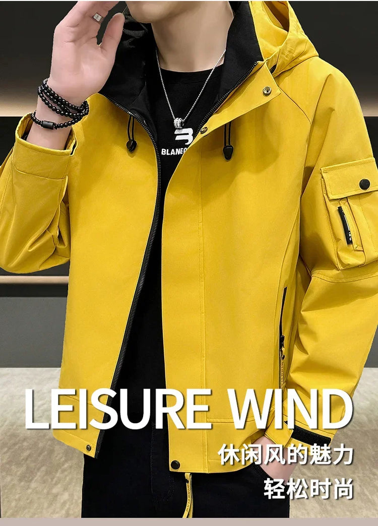 New Men's Fashion Casual Jackets Hooded Solid Zipper Pockets Camping Jackets Spring Autumn Brand Male Outdoor Sport Windbreaker