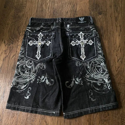 Y2K New American Fashion Pattern Letter Embroidery Baggy Denim Shorts Women Street Vintage Hip Hop Casual Shorts Women Clothing PlatiNum