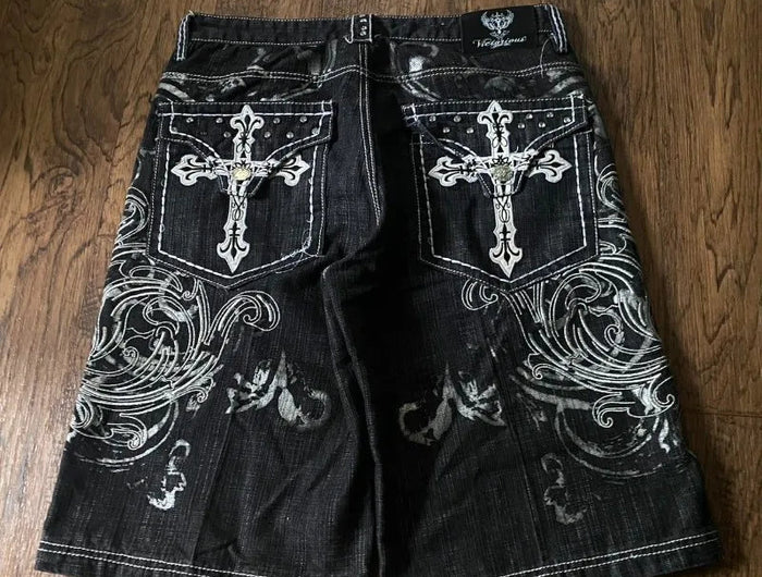 Y2K New American Fashion Pattern Letter Embroidery Baggy Denim Shorts Women Street Vintage Hip Hop Casual Shorts Women Clothing PlatiNum