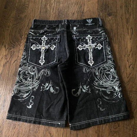 Y2K New American Fashion Pattern Letter Embroidery Baggy Denim Shorts Women Street Vintage Hip Hop Casual Shorts Women Clothing PlatiNum