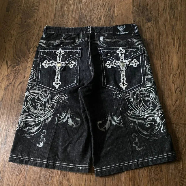 Y2K New American Fashion Pattern Letter Embroidery Baggy Denim Shorts Women Street Vintage Hip Hop Casual Shorts Women Clothing PlatiNum