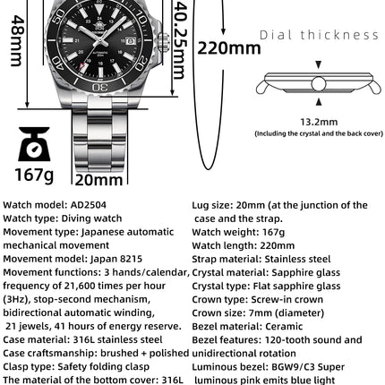ADDIESDIVE Men's Watch 8215 Mechanical Sapphire Luminous Diving Watch 200m Ceramic Bezel Automatic Watch Clock Gift Watch AD2504