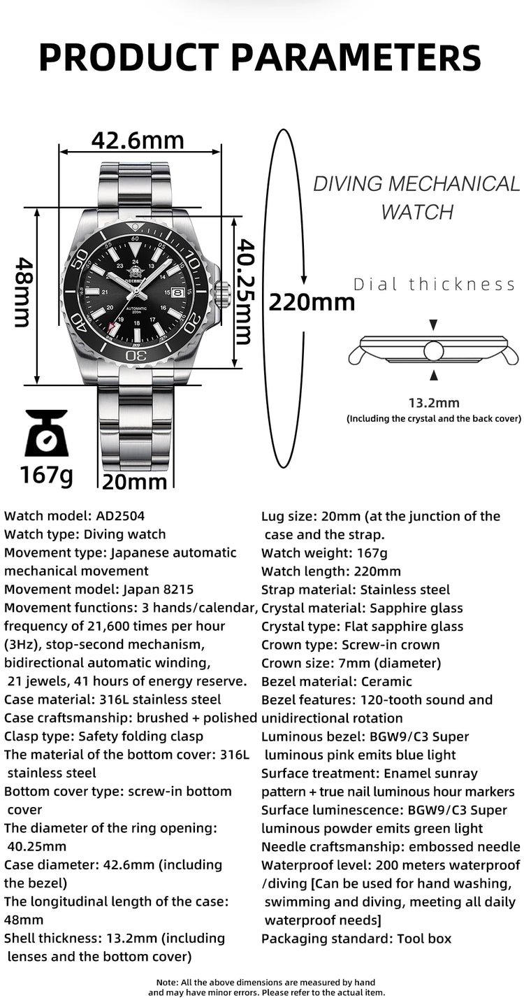 ADDIESDIVE Men's Watch 8215 Mechanical Sapphire Luminous Diving Watch 200m Ceramic Bezel Automatic Watch Clock Gift Watch AD2504