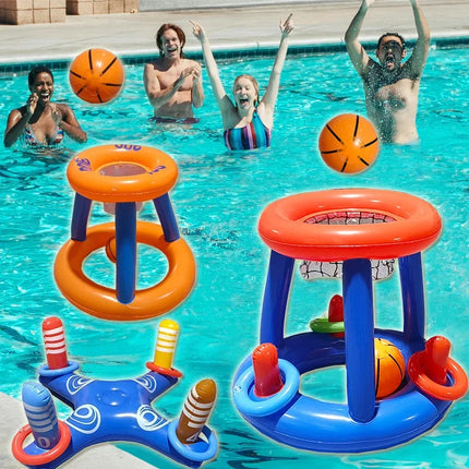 Gioco gonfiabile di pallacanestro d'acqua e lancio di anelli per bambini, giocattoli da spiaggia per piscina all'aperto con 3 anelli + 1 palla, giocattoli interattivi per famiglie