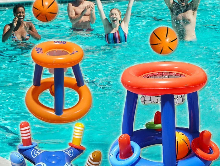 Gioco gonfiabile di pallacanestro d'acqua e lancio di anelli per bambini, giocattoli da spiaggia per piscina all'aperto con 3 anelli + 1 palla, giocattoli interattivi per famiglie