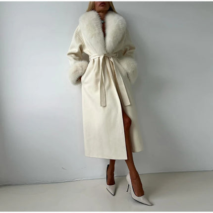 White Fur Patchwork Lace-up Overcoats Women's Street V-neck Full Sleeve Long Woolen Coat 2025 Winter New Ladies Thick Outwear