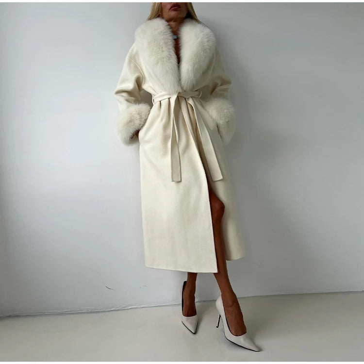White Fur Patchwork Lace-up Overcoats Women's Street V-neck Full Sleeve Long Woolen Coat 2025 Winter New Ladies Thick Outwear