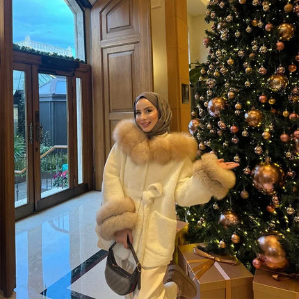 Casual Patchwork Faux Fur Collar Women's Coat Lace Up Pockets Thicken Lady Coats 2026 Autumn Winter Female Street Outerwear