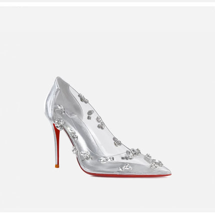 Red sole transparent pointed head sexy female stiletto high heels wedding shoes silver rhinestone crystal fairy style new 2024 PlatiNum