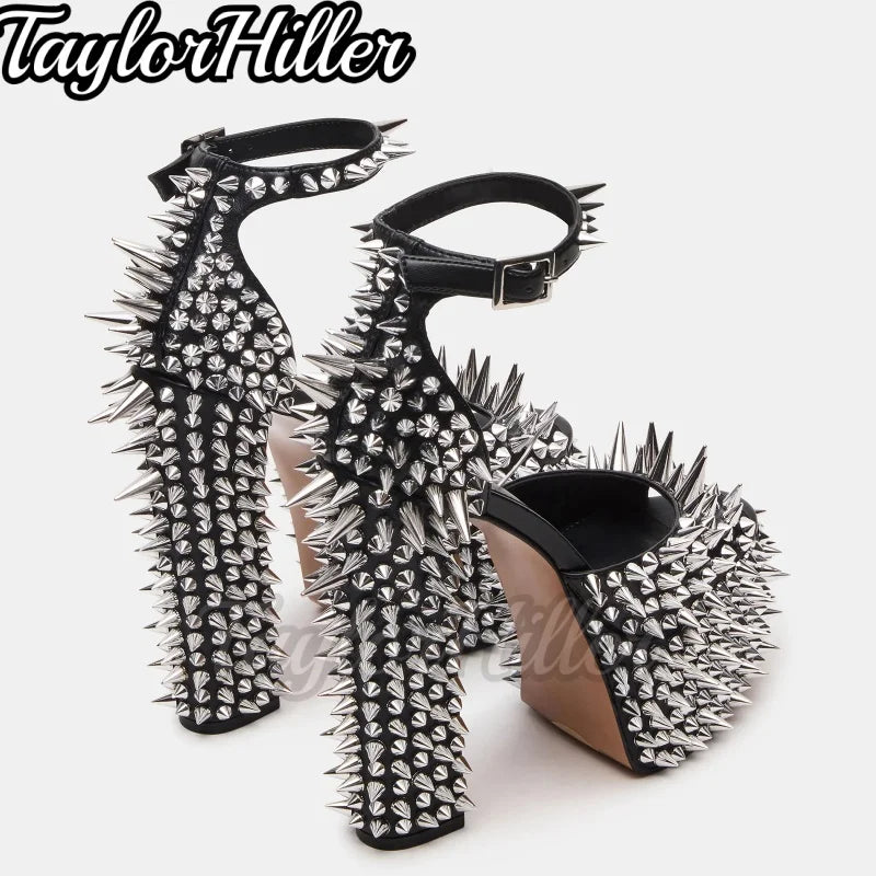 Punk Silver Rivets Platform Heeled Sandals Block Heel Women Gothic Rock Buckle Strap High Heels Designer Luxury Hot Girls Shoes
