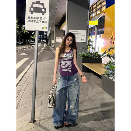 YIBASHU Jeans Larghi Blu da Donna, Pantaloni in Denim Strappati Stile Americano Retrò Y2K, Lavati, Designer Giapponese Harajuku, Gamba Larga, Lunghi