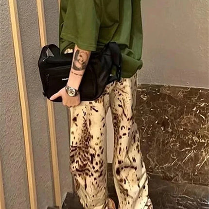 Jeans dritti a gamba larga con stampa leopardata Jeans retrò a vita alta da donna Streetwear Pantaloni vintage Y2k Pantaloni in denim da strada