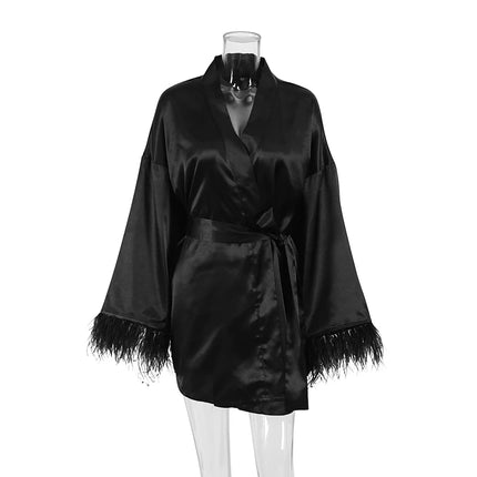 Accappatoi di piume Mini abito sexy in raso a maniche lunghe Vestaglia allentata per le donne Abito da sposa bianco Abiti da sposa neri