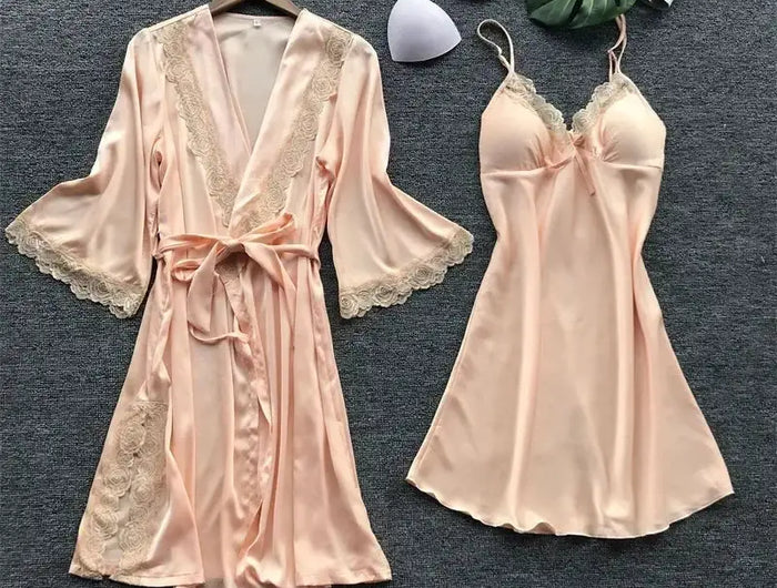 2PCS Women Lace Pajama Set Satin Home Pyjamas Lace Robe V-Neck Nightgown Bridal Silk Gown Women's Nightwear