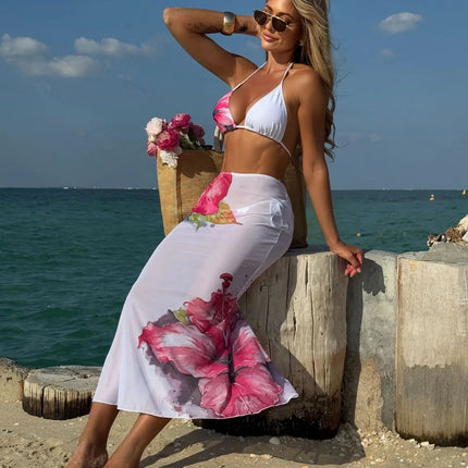 Costume da bagno 3 pezzi con stampa floreale grande con gonna lunga in rete Costume da bagno bikini micro perizoma da donna 2025 Costume da bagno estivo da spiaggia Biquini PlatiNum