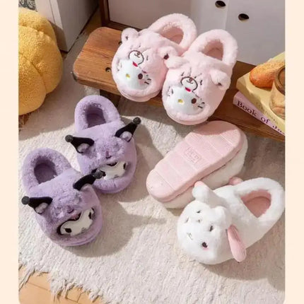 Anime Winter Plush Slippers Kuromi Hello Kitty Cinnamoroll Sanrioed Kawaii Cartoon Cute Indoor Thicken Warm Home Slippers