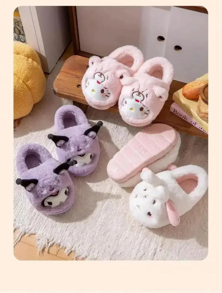 Anime Winter Plush Slippers Kuromi Hello Kitty Cinnamoroll Sanrioed Kawaii Cartoon Cute Indoor Thicken Warm Home Slippers