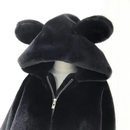 Cosy Loose Faux Fur Coat Womens Faux Fur Fuzzy Hooded Fluffy Ears Surcoat Overcoat Woman Winter Warm Outerwear Snowy Day Wrap