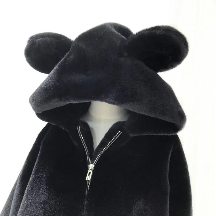 Cosy Loose Faux Fur Coat Womens Faux Fur Fuzzy Hooded Fluffy Ears Surcoat Overcoat Woman Winter Warm Outerwear Snowy Day Wrap