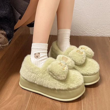 New Pink Bow Slippers Winter Women's Shoes Thick Sole Fuzzy Slippers for Home Mules Shoes Woman Fluffy Metal Bear House Slipper