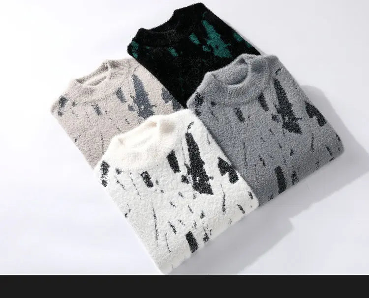 Men Round Neck Pullovers Long Sleeve Jumpers Print Knitted Sweater Slight Strech Regular Casual Simple Thick Winter 2025