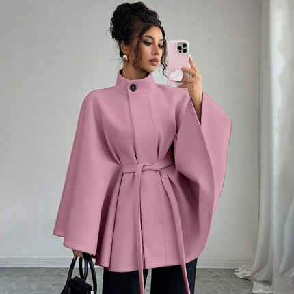 Elegant Women's Woolen Coat Autumn Winter Stand up Collar Cape Style Design Tie Waist Atmospheric Fashionable Ladies Outerwear