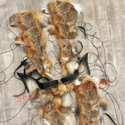 Real Fur Wrap Cross Tied Platform Sandals Women Luxury Open Toe Furry High Heels Long Shoes Ladies Sexy Colored Puttee Sandals