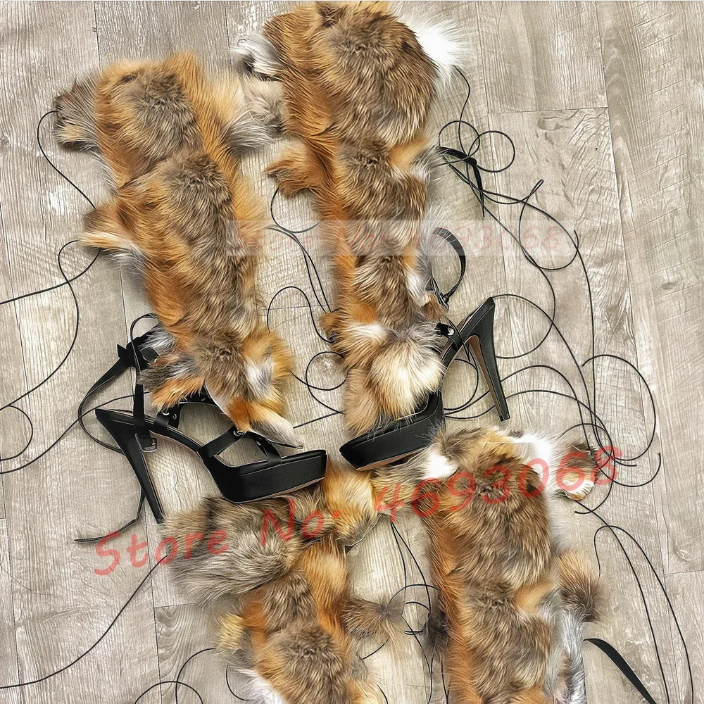 Real Fur Wrap Cross Tied Platform Sandals Women Luxury Open Toe Furry High Heels Long Shoes Ladies Sexy Colored Puttee Sandals