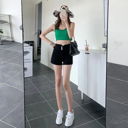 Women's super high waisted denim shorts for summer girls, new black A-line waist cinching slimming design, hot pants PlatiNum