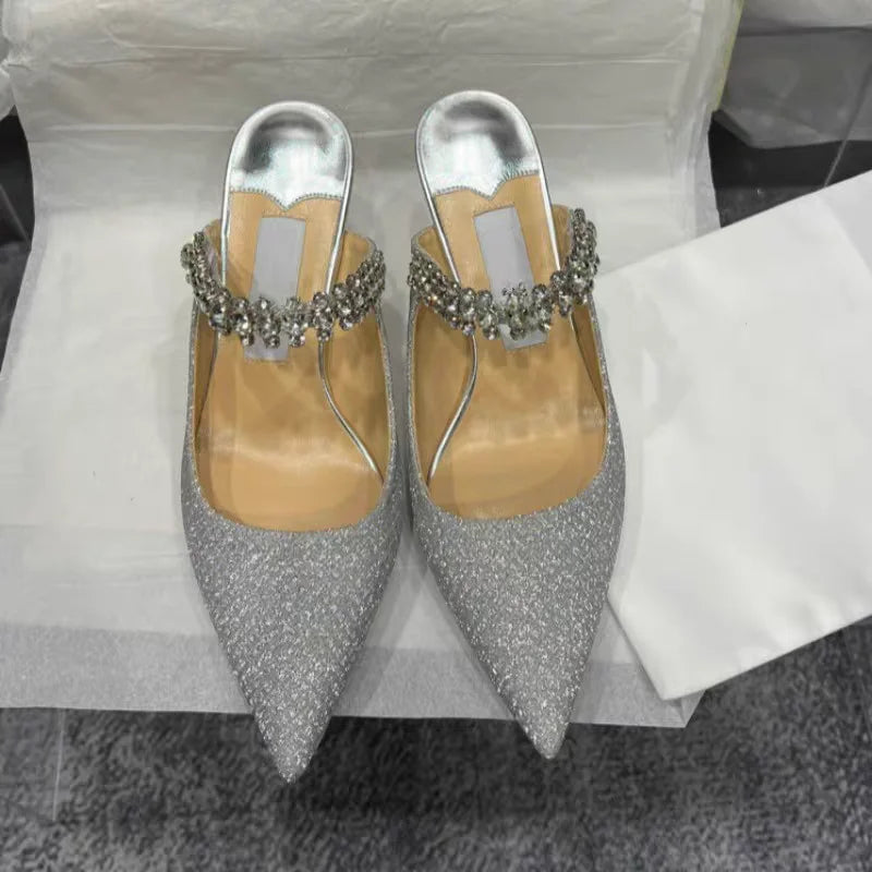 European and American Women Slippers 2025 Summer New Rhinestone High Heels Pointed Temperament Muller Shoes