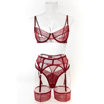 Luxury Dark Style 4Pcs Women's Lingerie Set Push-up Underwire Bra Garter Belt Thong Panty Stocking Erotic Intimate Outfits