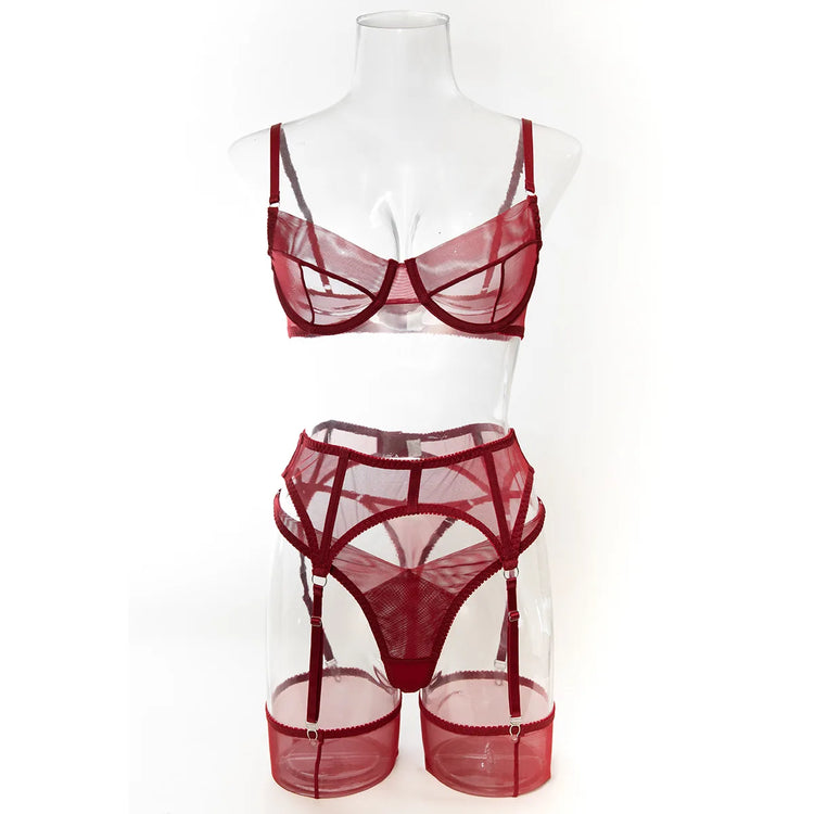 Luxury Dark Style 4Pcs Women's Lingerie Set Push-up Underwire Bra Garter Belt Thong Panty Stocking Erotic Intimate Outfits