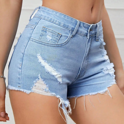 Ripped Raw Denim Shorts For Women Fashion A-line Hem Female Summer Hot Pants Streetwear Blue Clothing Skinny Sexy Retro Leisure PlatiNum